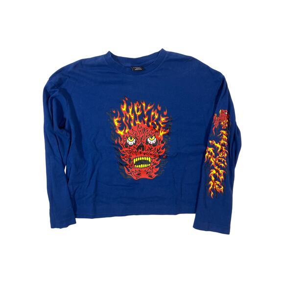 Empyre Blue Long Sleeve Flaming Skull T Shirt w/ Arm Graphic Men's Medium Y2K - Picture 1 of 5